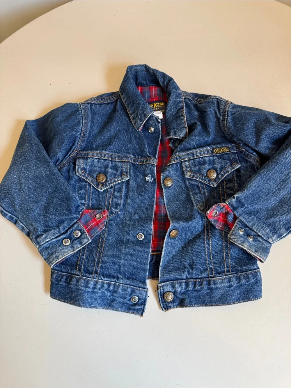 Vintage 80s OshKosh B'gosh Blue Denim Jacket with Red Plaid Accents